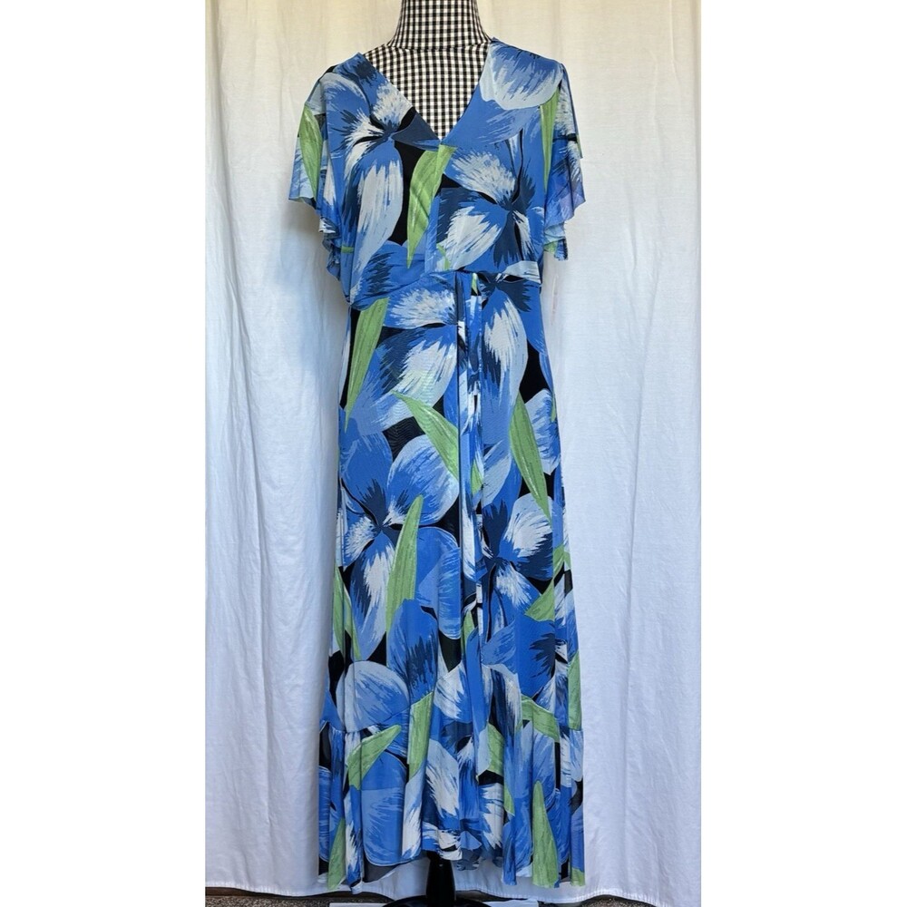 Harlow & Rose Midi Dress L Petite Blue Floral Mesh Flowy Feminine Ruffled - NEW!